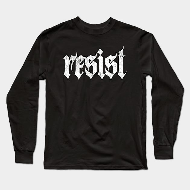 Resist Heavy Metal Vintage Distressed White Typography Long Sleeve T-Shirt by Inspire Enclave